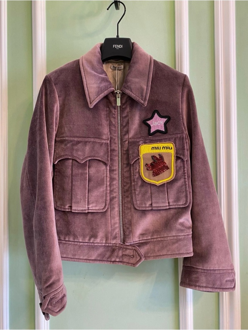 🚩steal Miu Miu Dusty Pink Velvet Patchwork Jacket